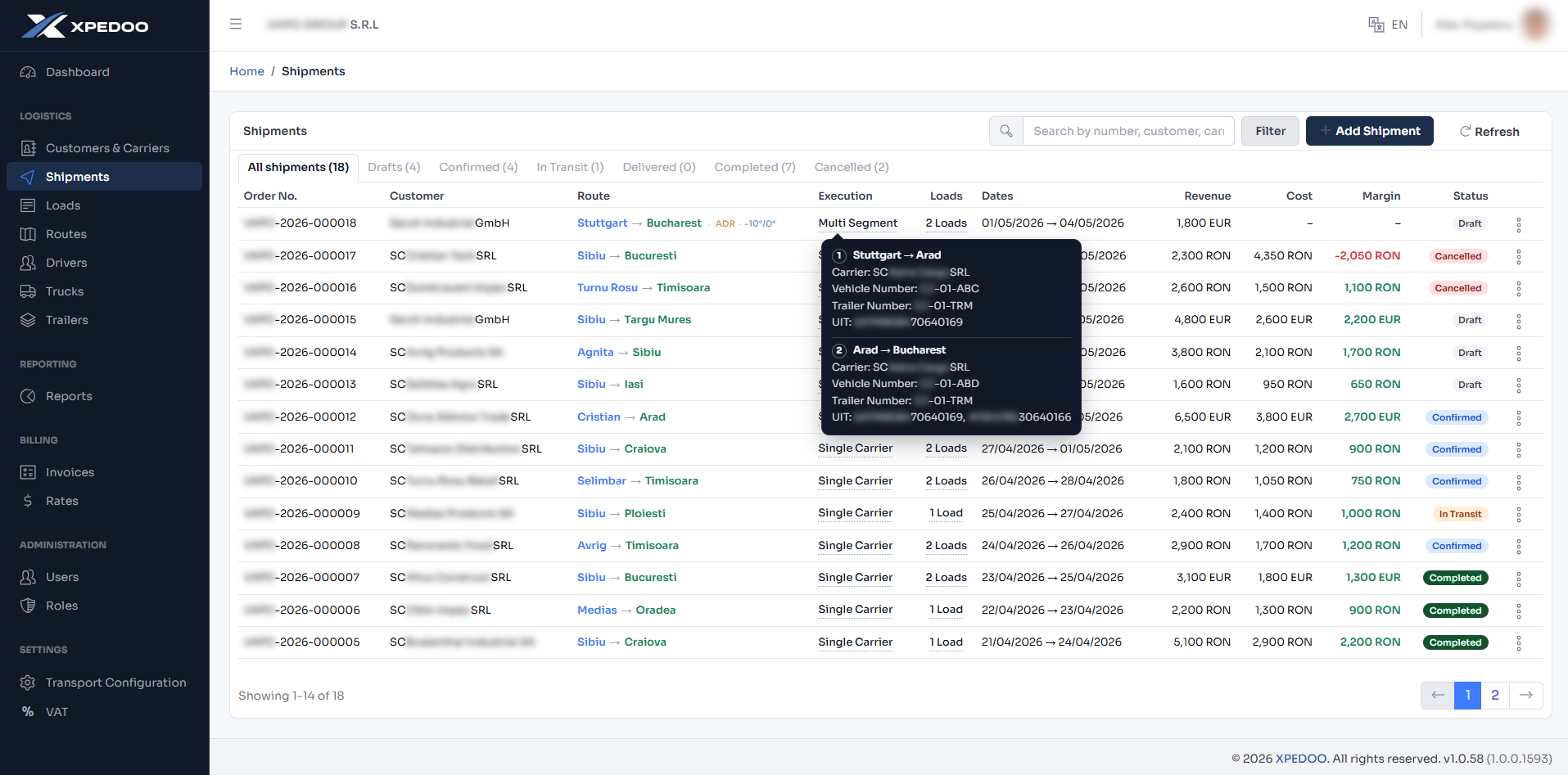 Xpedoo shipment management dashboard